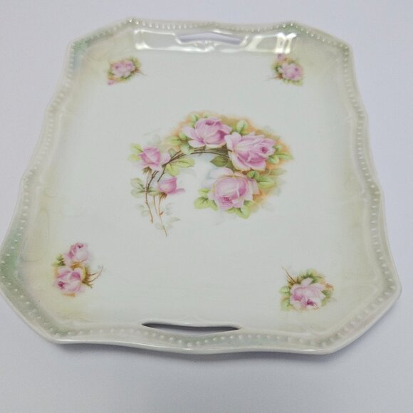 Antique 1914-1922 Signed P.K. Silesia 10"x8" Porcelain Serving Tray Pink Roses - Picture 3 of 6